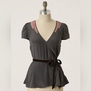 Anthropologie Floreat ‘Blushing Avian’ Pink + Gray Silk Blouse—Size 6